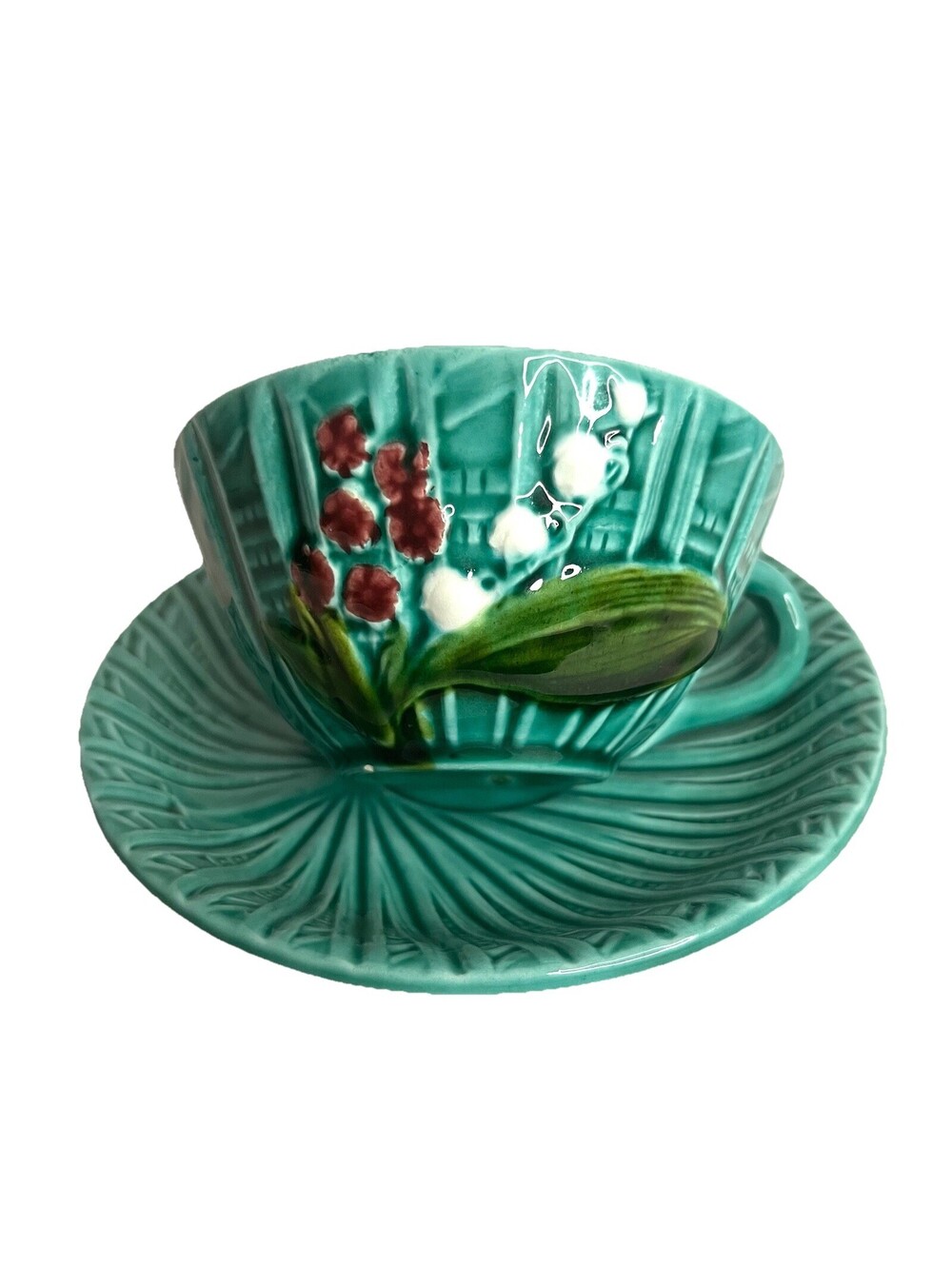 Schramberger Germany Majolica Lily of Valley Teacups & Saucers 6 Pc Set READ